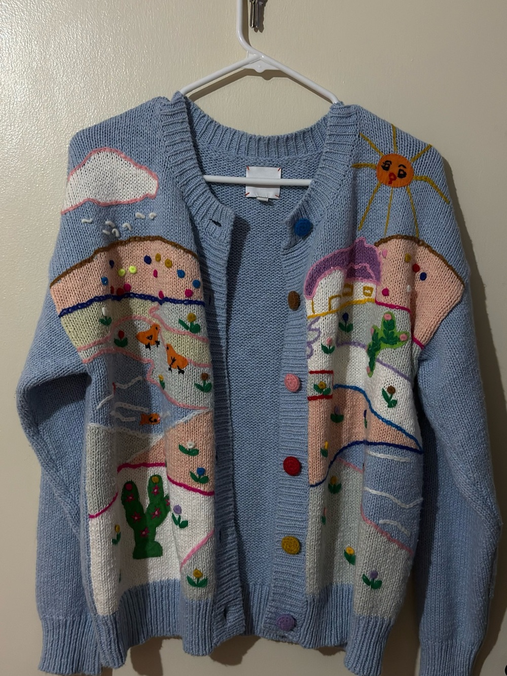 HUNTER BELL Light Blue Scenic Embroidered Cardigan with Multicolor Buttons
